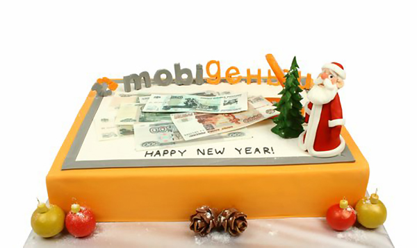 Корпоративний торт на Новий рік з Дідом Морозом, ялинкою та грошима