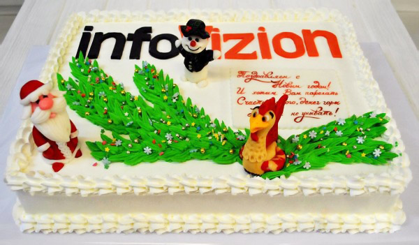 Торт на новорічний корпоратив з Дідом Морозом, півнем і сніговиком